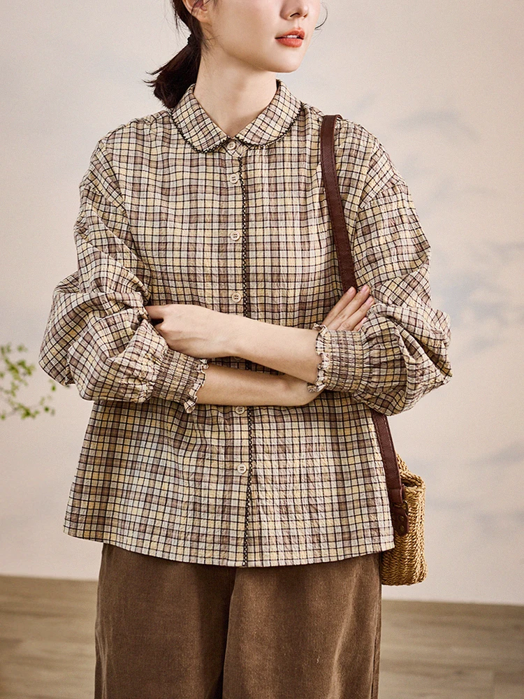 

Оригинальная художественная цветная тканая рубашка Gujia с длинным рукавом, женская, весенняя новинка, с воротником-стойкой, в клетку, дышащая, из смесового хлопка, повседневная.