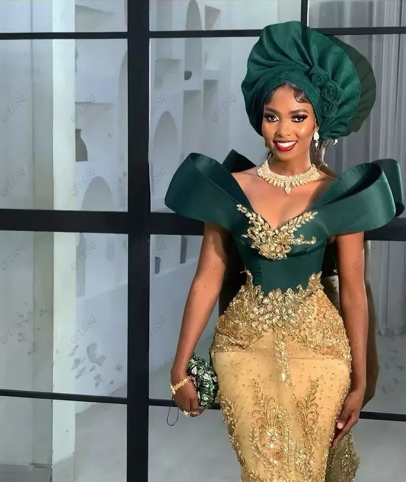 فستان حفلة موسيقية ذهبي أخضر Aso Ebi قبالة الكتف الترتر الديكور فساتين السهرة رائع زين مناسبة رسمية فستان الحفلات