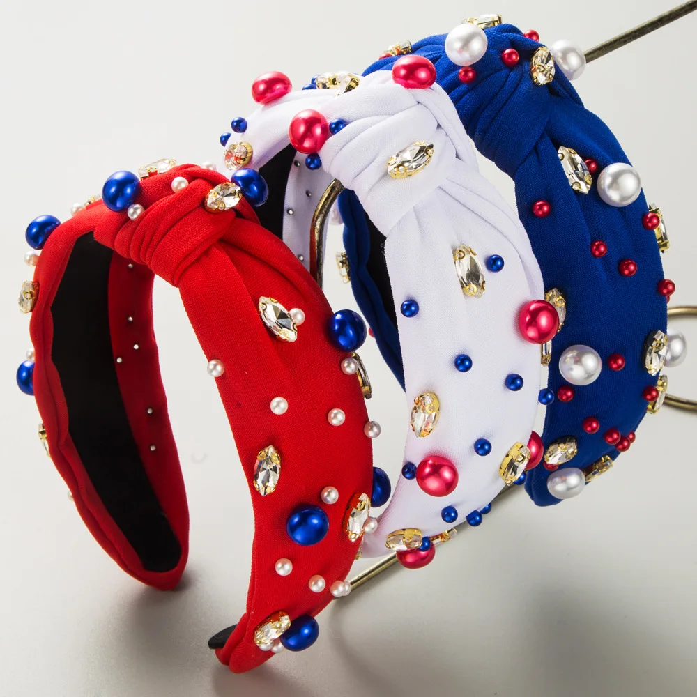 

Independence Day New Knotted Beaded High Skull Top Headband Fashion Trend Large and Small Pearls Hair Accessories Female