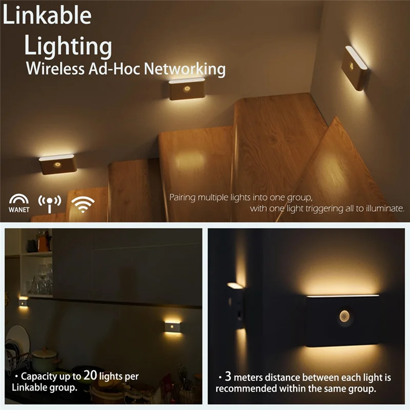 ABNL مستشعر حركة قابل لإعادة الشحن، ضوء ليلي LED ذكي لحماية العين، مصباح بجانب السرير لإضاءة خزانة ممر غرفة النوم