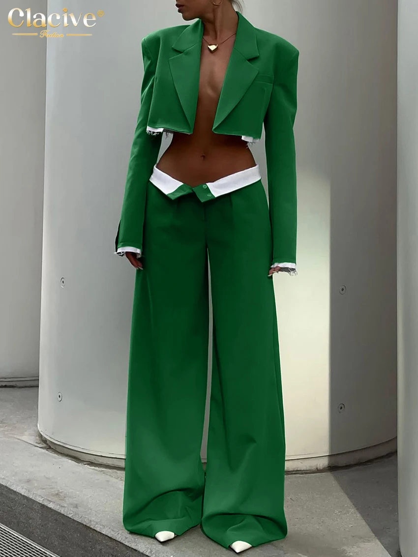 Clacive Sexy Loose Green 2 Piece Sets Women Outfit Fashion Long Sleeve Crop Shirt With Low Waist Wide Leg Pants Set Streetwear