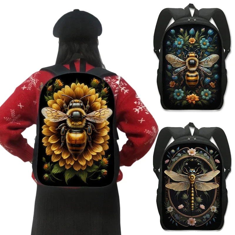 

Cartoon Golden Honey Bee with Flowers Print Backpack Fantasy Dragonfly Women Laptop Schoolbags Daypack Large Capacity Rucksack