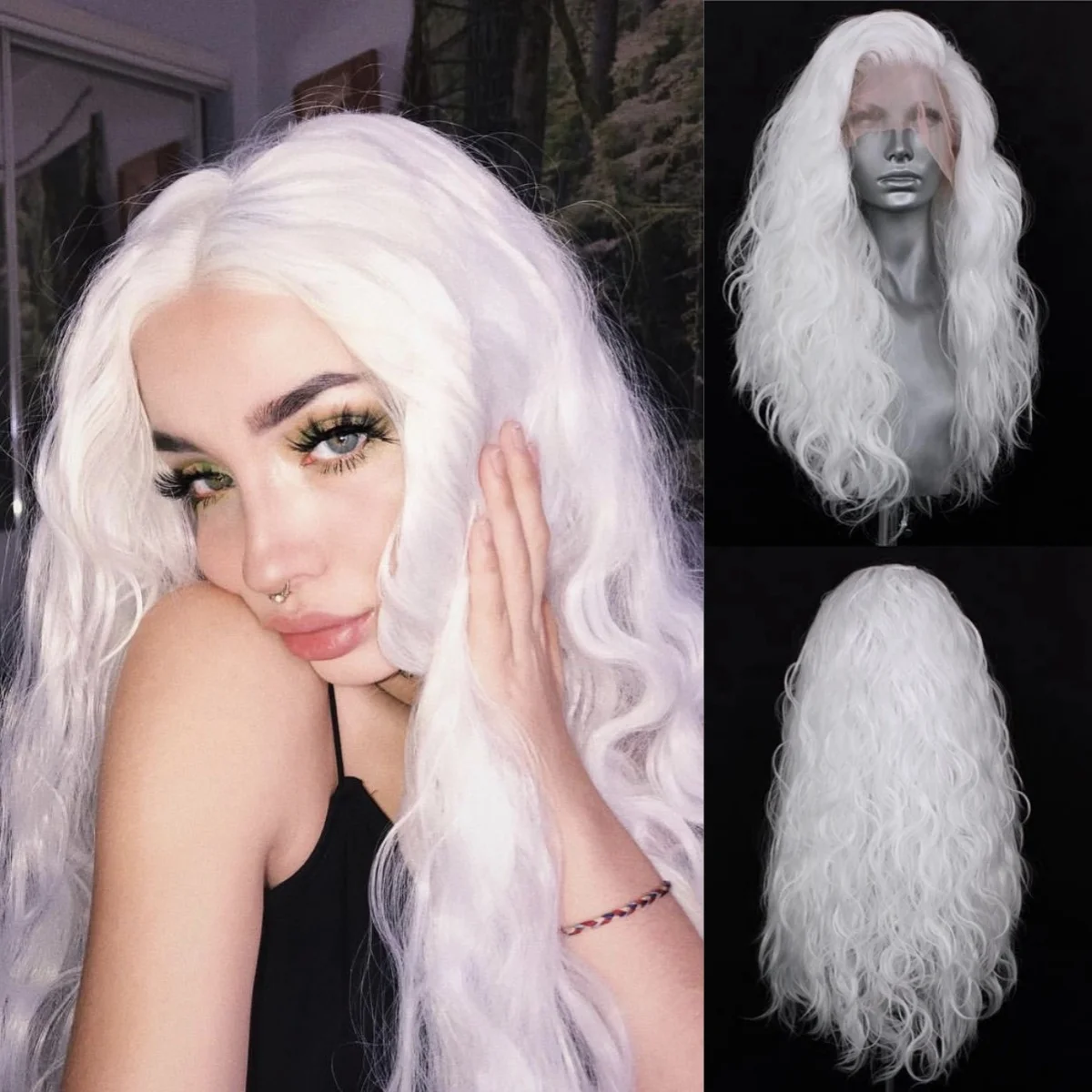 

RDY Long White Wig Water Wave Synthetic Lace Front Wig Glueless Natural Hairline Curly Hair Frontal Wigs for Women Daily Party