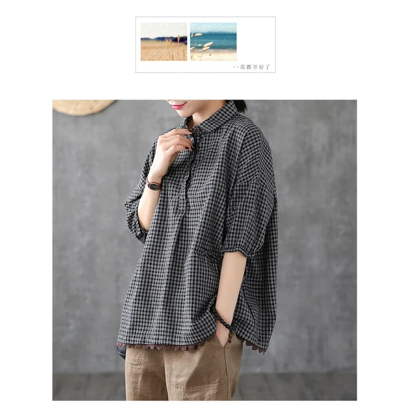 Chemise à carreaux en coton et lin pour femmes, ample, grande taille, rétro, dentelle, manches courtes, nouvelle tendance, rajeunissante