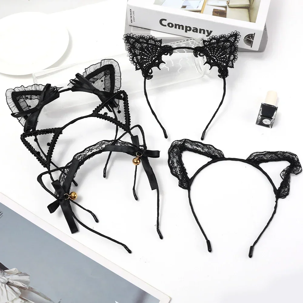 Women Sexy Black Cat Ears Head Bezel Fashion Lace Lady Hairband Cosplay Headwear Headband Girl Birthday Party Hair Accessories