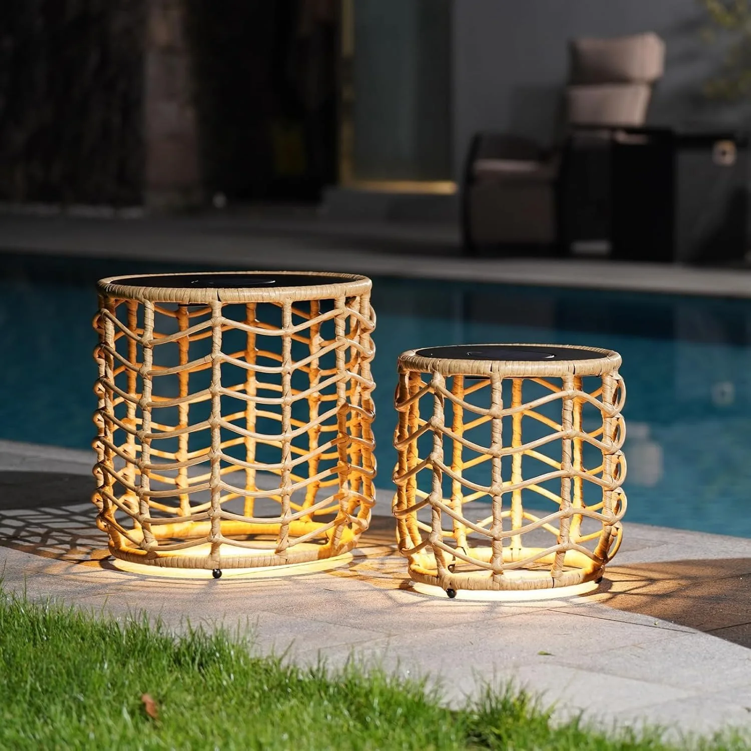 Boho Solar Nesting Tables with Built-in Lights - Set of 2, Weather-Resistant Wicker for Patio, Porch,, Natural & Stylish Design