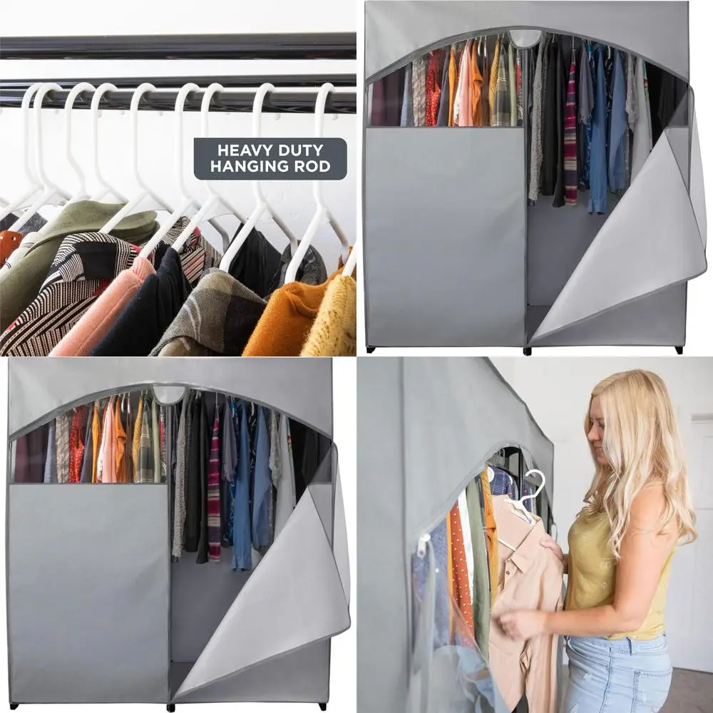 

65 lb Capacity Large Portable Wardrobe with Metal Rod, Clear Window, and Easy Assembly - Gray Canvas Cover