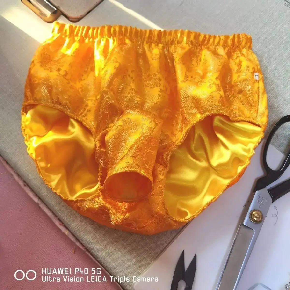 Gold Glossy Floral Ice Silk Satin Lingerie Panties Plus Size Underwear Sexy Men Briefs
