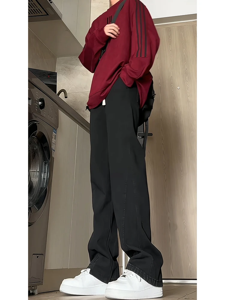 

Bla Fce Lined Dstring Denim Jeans Men's Autumn Winter Straight Leg Micro Flared Pants Youth Trendy Wear Resistant
