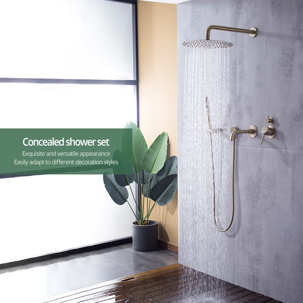 Imagem -02 - Conjunto de Sistema de Chuveiro de Torneira de Banheiro de Ouro Escovado Funções Válvula Desviadora de Chuveiro Redonda 10 12 16 Espaços Torneira de Chuveiro com Banheira