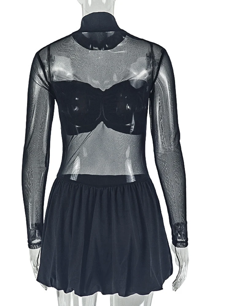Beyprern Sexy Sheer Mesh Long Sleeve Mini Dress Y2K Women See Through Bodycon Short Skirt Stand Clubwear Party Outfit