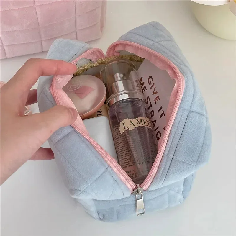 Bolsa de cosméticos grande de Color sólido con cremallera, bonita bolsa de maquillaje de piel para mujer, bolsa de aseo de viaje, bolsa de lavado, bolsa de felpa para bolígrafos