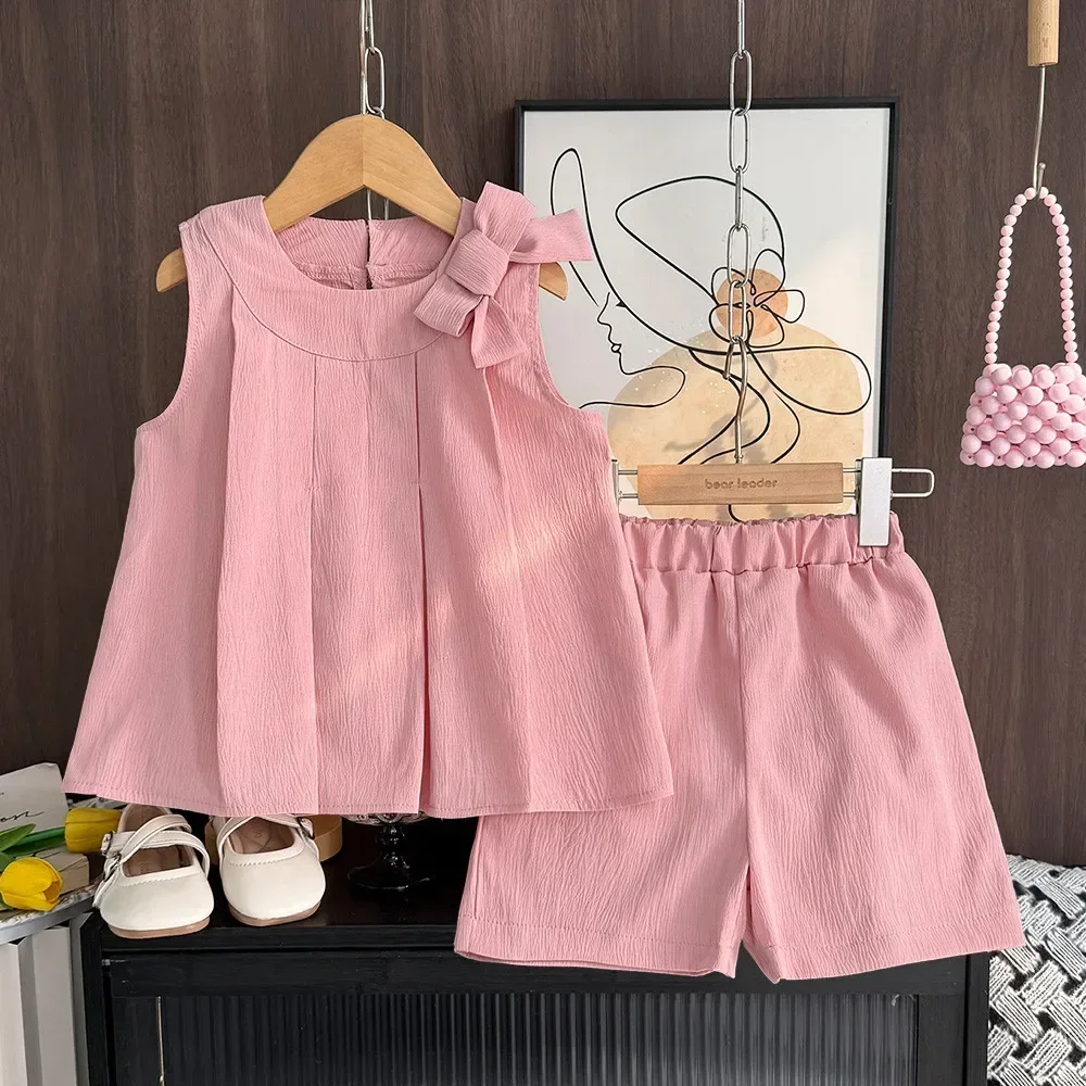 Fashion Summer New Kids Clothes Bow Sleeveless Vest+Shorts Children 2 Pcs Set Summer 3-7Y Girl Casual Wear