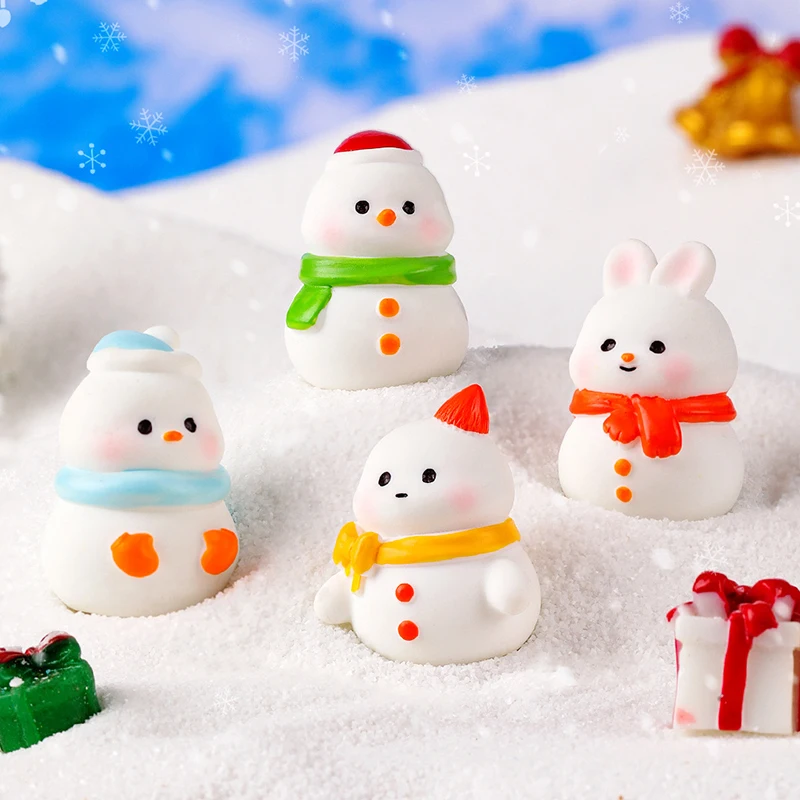 Mini Christmas Snowman Figurine Cartoon Snow Rabbit Micro Landscape Ornament Car Interior Home Desktop Decoration