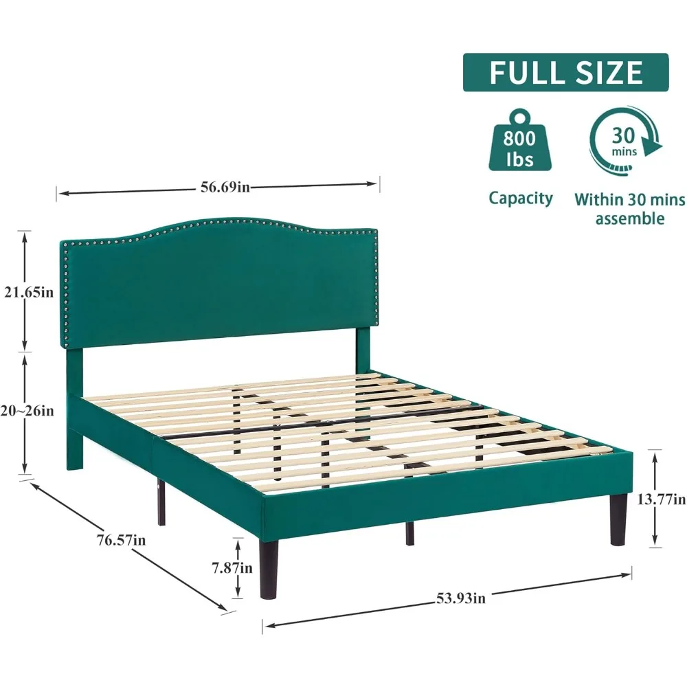 إطار سرير بمنصة مرتفعة قابلة للتعديل مع لوح رأسي منجد وبناء معدني عالي التحمل ودعم شرائح خشبية
