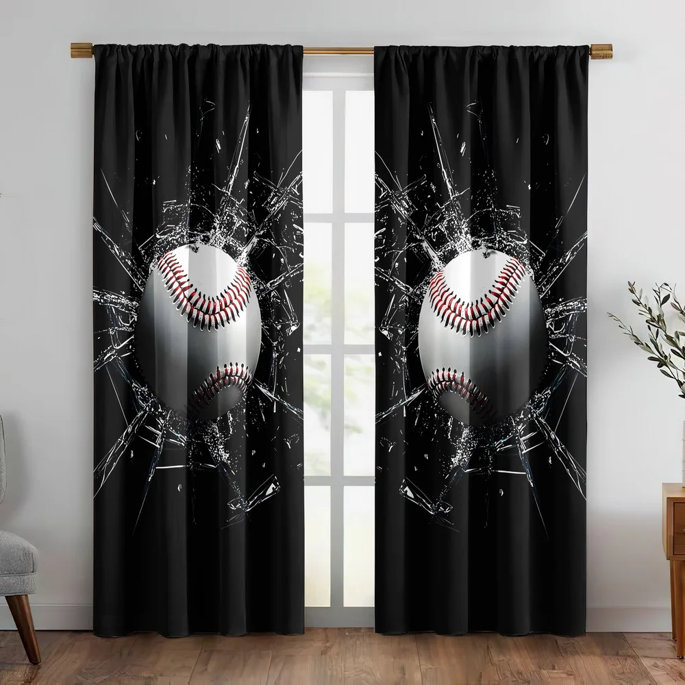3D Baseball Curtain, Cracked Glass Effect Print Drape, Sports Theme Window Treatment for Boys Room Game Room Decor