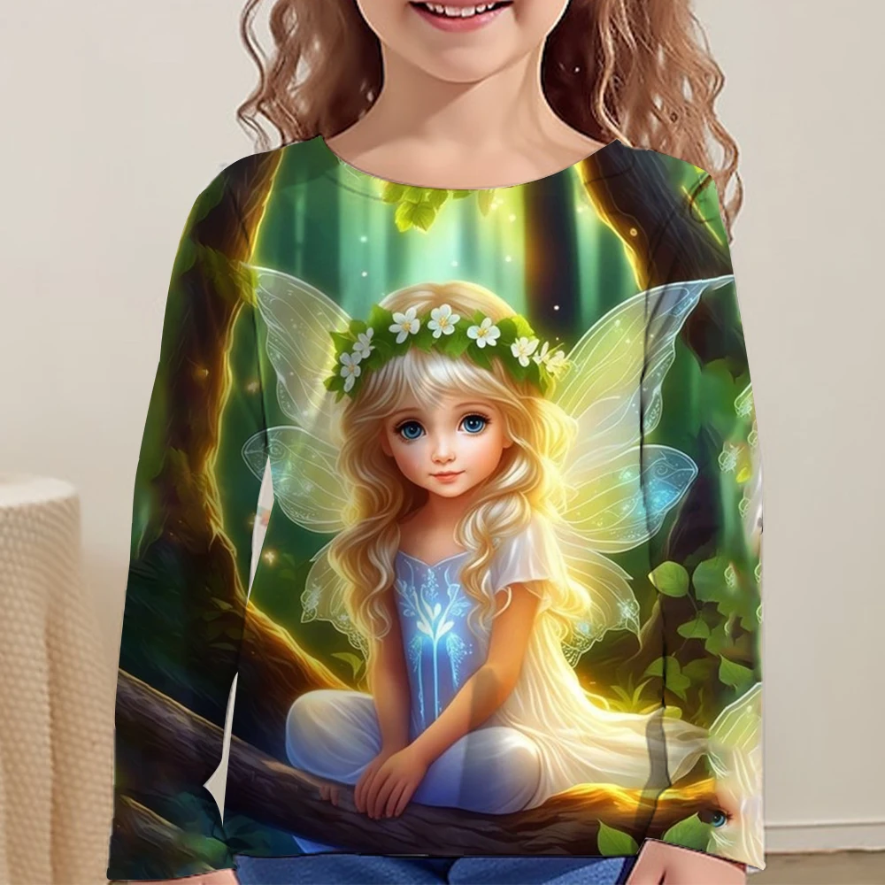 Children's Clothing From 6 To 14 Years Dream Elves 3d Pattern 2023 Autumn Kids Top Girls Tee Shirt Fashion Castle T-Shirts