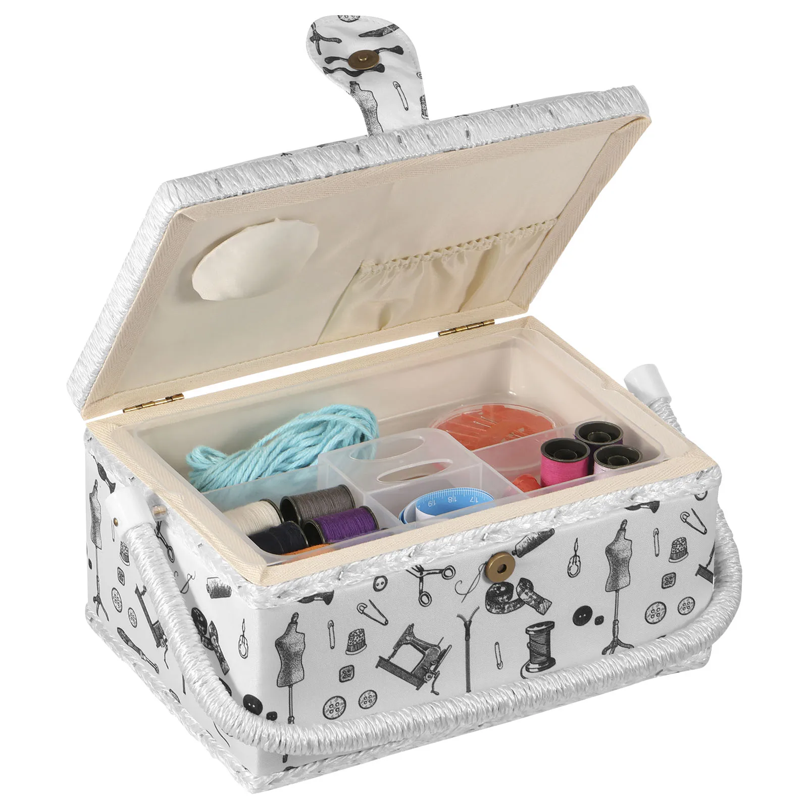 

Wooden Cloth Sewing Basket Double Layer Sewing Carrying Case Organizer with Removable Trays for Needles Scissors Buttons Zippers