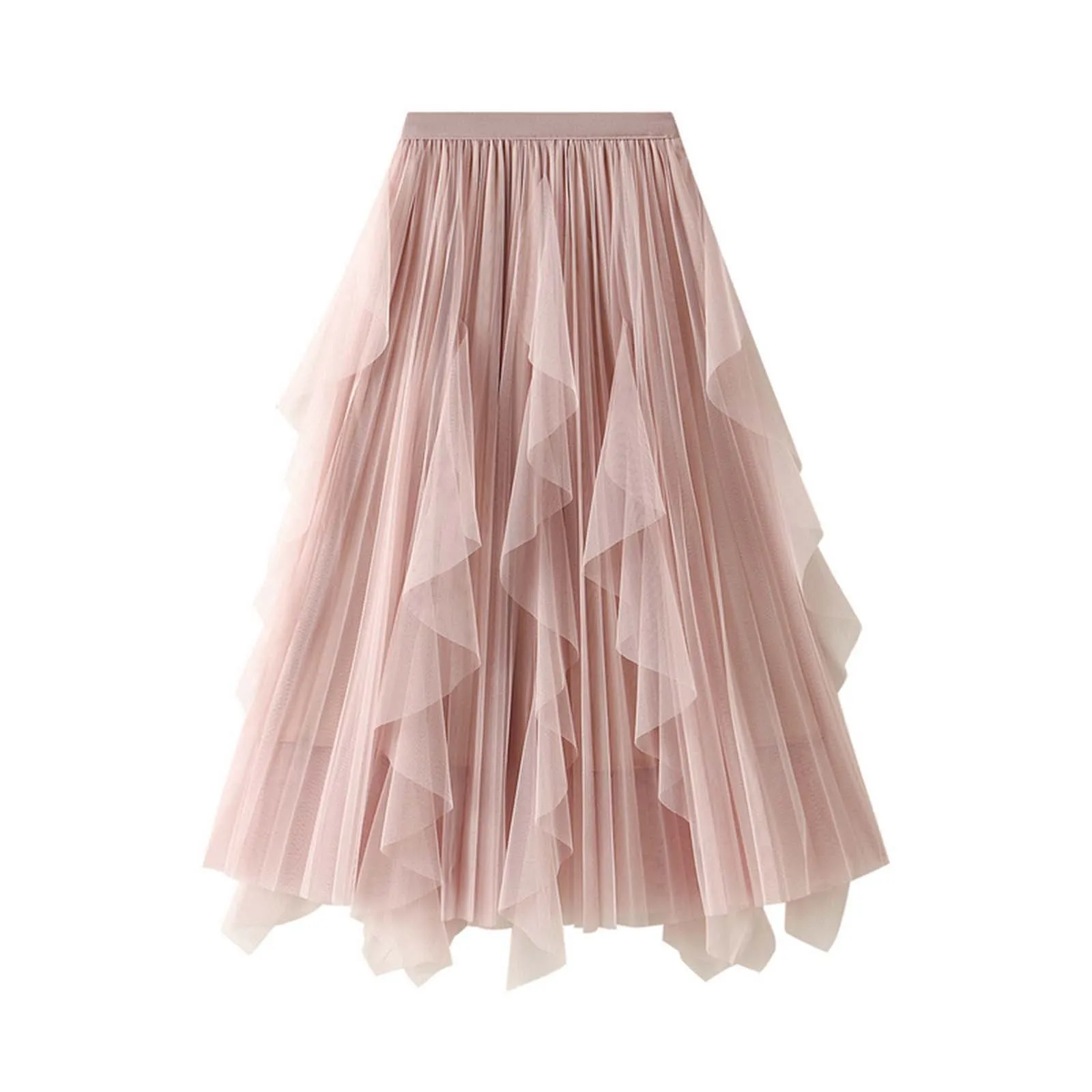 Dames Rokken 2024 Zomer Hoge Taille Ruches Mesh Lange Tule Onregelmatige Zoom Mesh Tutu Rok Dame Elegante Effen Feestjurk Jurk