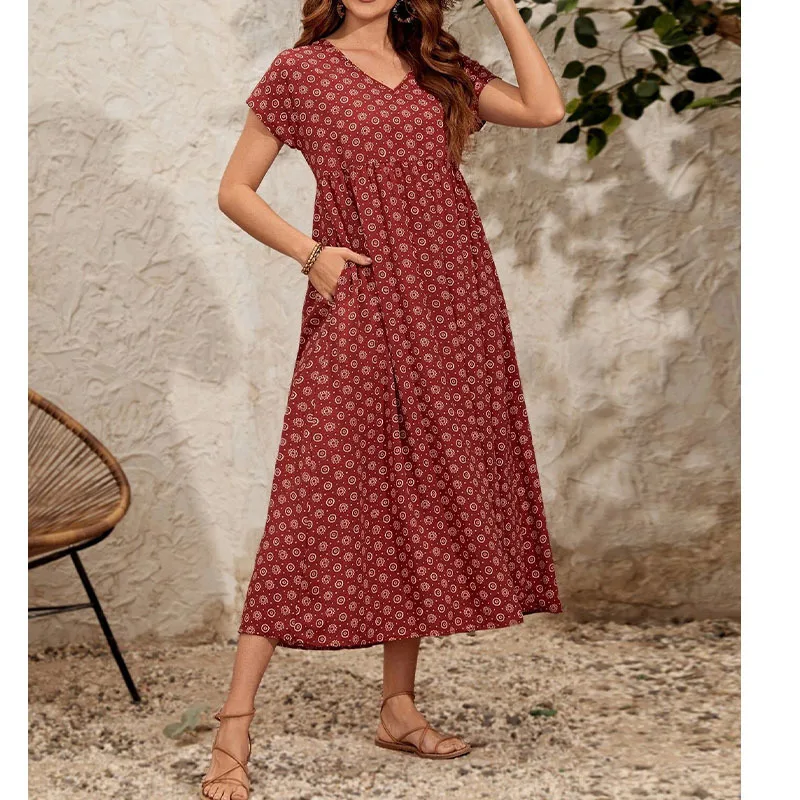 

2023 Summer Dresses for Women Short Sleeve V Neck Casual Dress Boho Beach Print Women's Dress