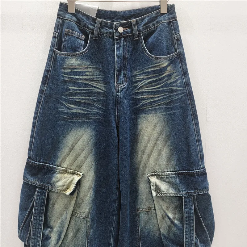 WTHT جديد عصري المرأة تفعل القديمة غسل جيوب كبيرة البضائع الجينز 2025 الشتاء موضة عالية الخصر واسعة الساق الدنيم السراويل الإناث 1LS2679