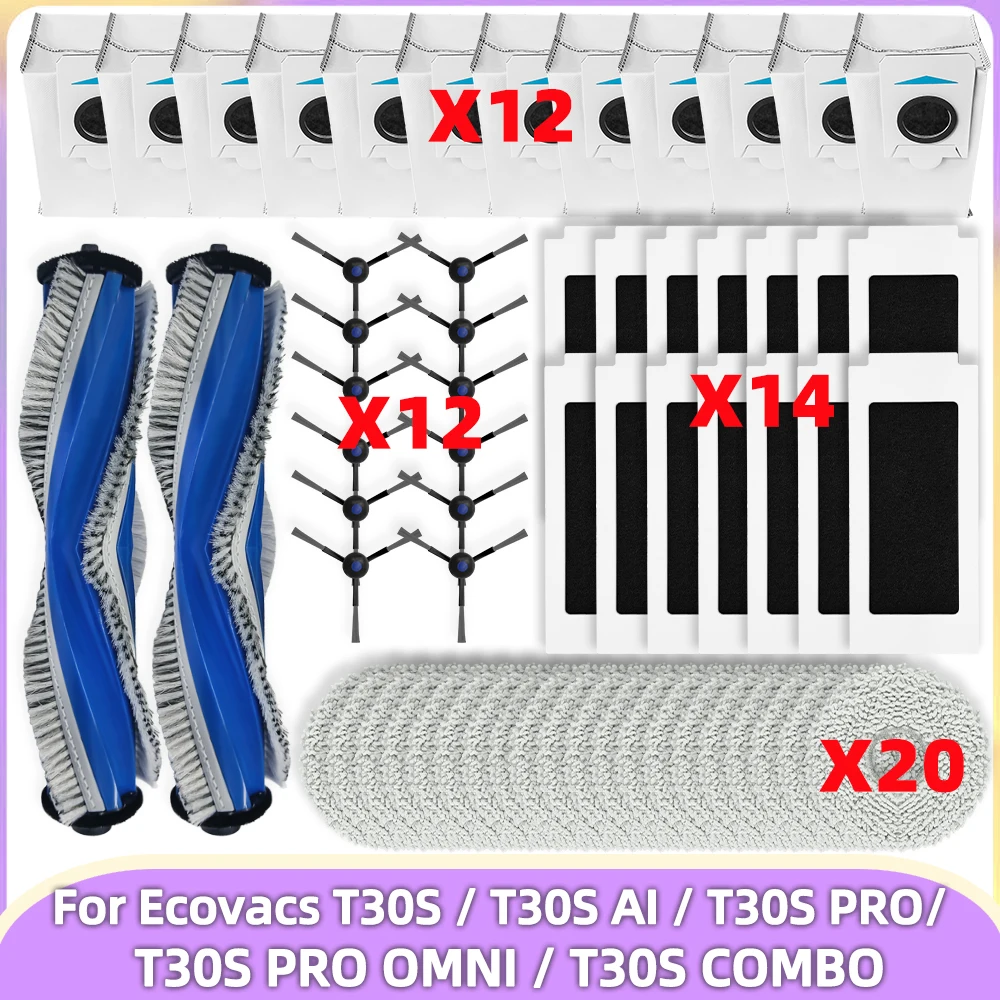 متوافق مع (Ecovacs DEBOT T30S / T30S AI / T30S COMBO / T30S PRO / T30S PRO OMNI) الأجزاء: الفرشاة الرئيسية، الفرشاة الجانبية، الفلتر، قطعة قماش، كيس الغبار