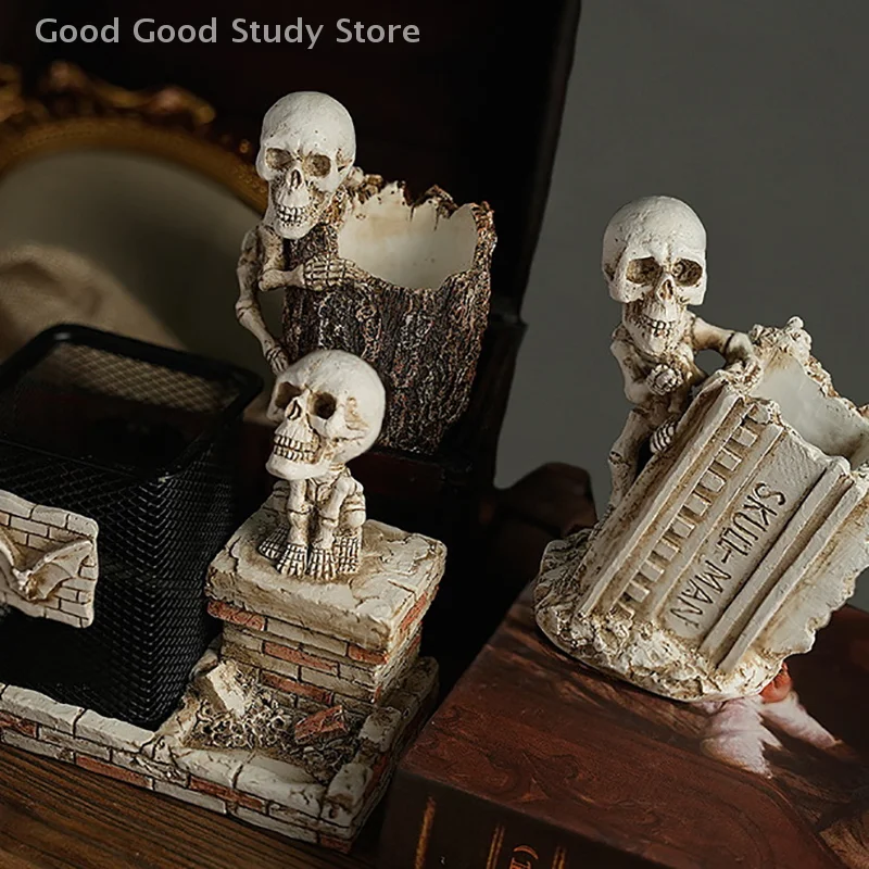 

1Pc Halloween Skeleton Pencil Holder Statue Skull Pen Holder Key Holder Creative Stationery Organizer Home Office Desk Supplies