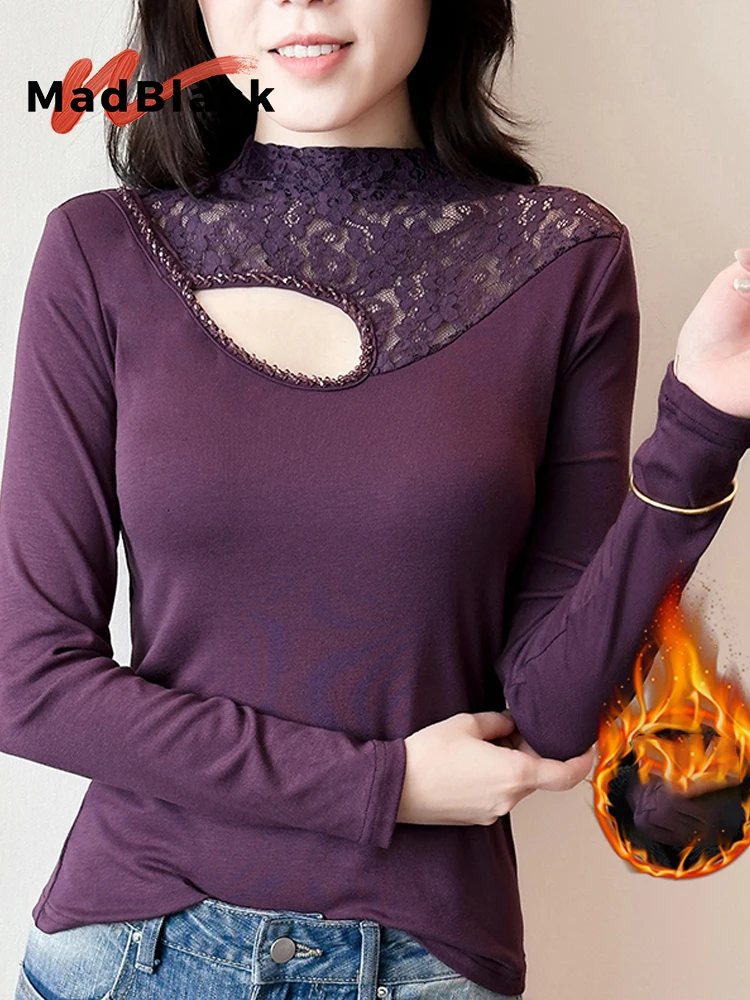 

MadBlack-Женская европейская матовая футболка, сексуальная кружевная футболка с воротником-стойкой и бисером, уличная тонкая футболка S-3XL с длинными рукавами, осень 2023, T5O067CC