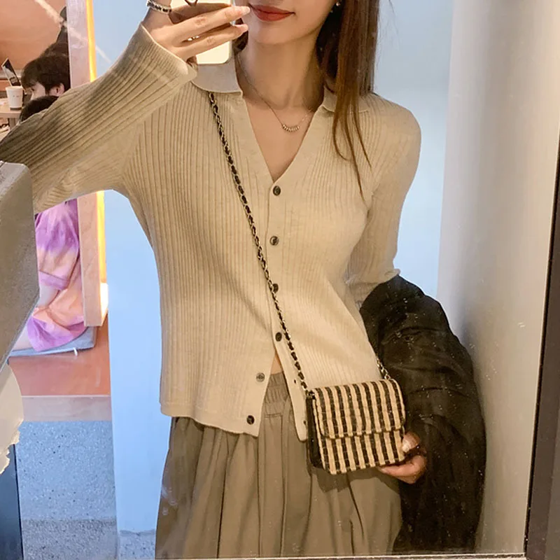 

Fashion Long Sleeve Knitted Sweater Women Cardigans White Turn Down Collar Knit Sweater Cardigan Women Tops Women Clothing Q3396