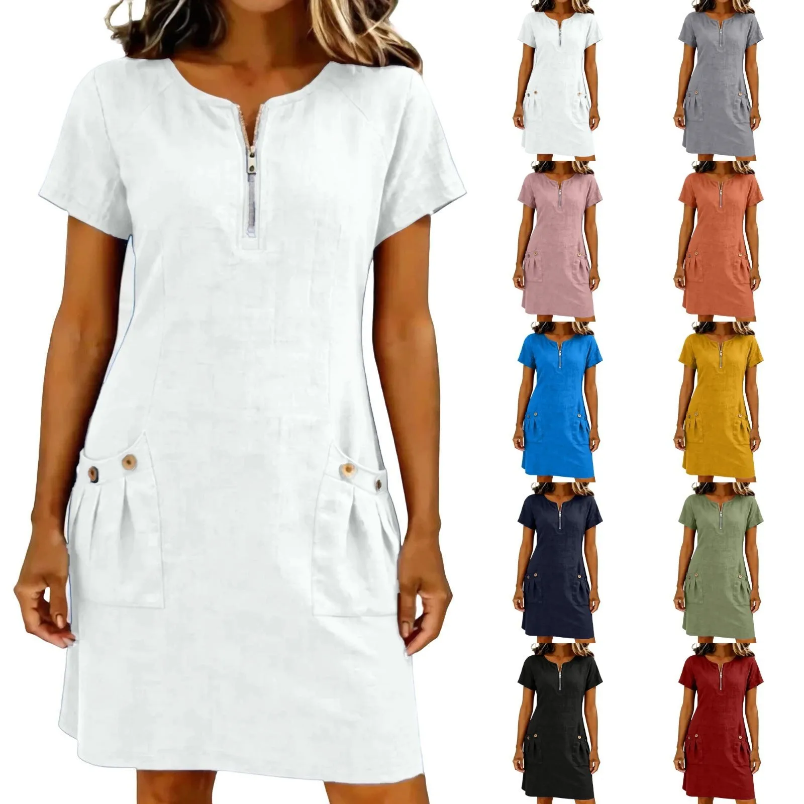 Summer 2026 New Women's Dresses Casual Short Sleeve Zipper Pocket Dress Female Solid Color Holiday Party Sundress Robe Femmes