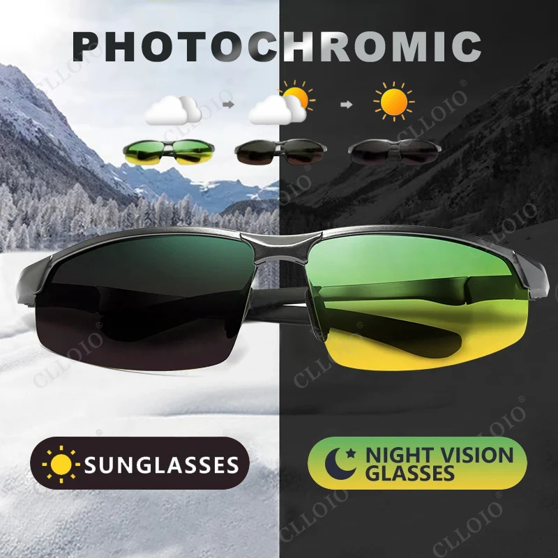CLLOIO Photochrome Sonnenbrille für Herren, polarisiert, zum Fahren, Chamäleon-Brille, randlos, Nachtsicht, Outdoor, Sport, Reisen, Angeln