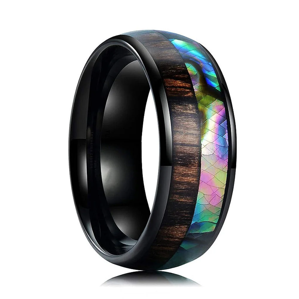 Fashion Men Black Stainless Steel Koa Wood Ring Inlay Colorful Abalone Shell Rings For Men Women Engagement Wedding Band Jewelry