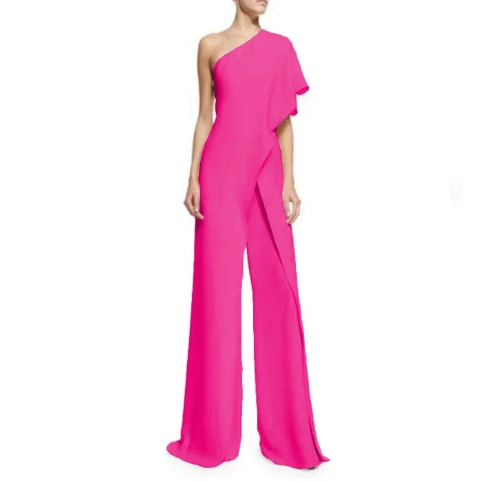 

Elegant Jumpsuits for Women 2024 Spring Plain Elegant Office Loose Ruched One Shoulder Split Hem Wide Leg Jumpsuit Casual Romper