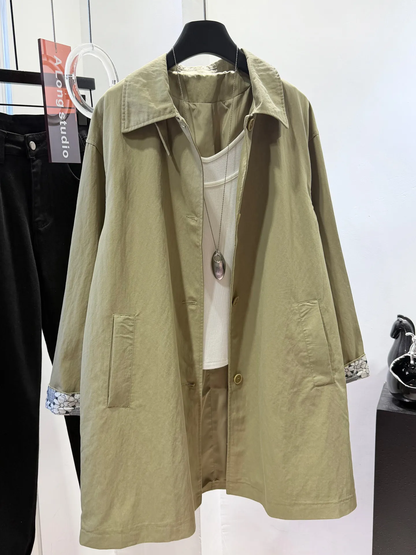 SuperAen Khaki Trench Coat for Women 2026 Autumn New England Style Mid-length Turn-down Collar Design Loose Coats