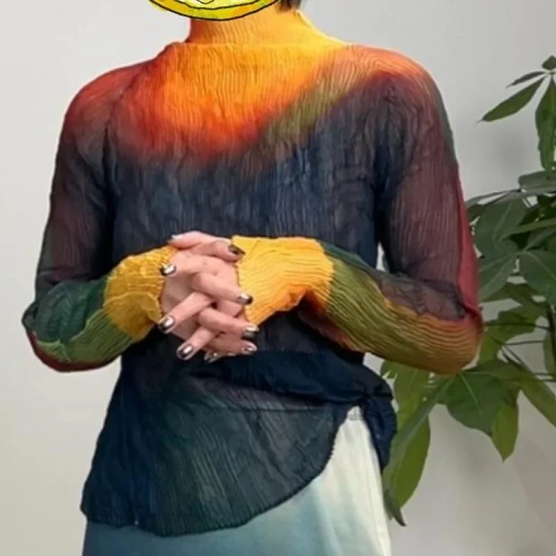 Miyake Style Japanese Pleated Perspective Turtleneck Long Sleeve Base Autumn New Fashion Daily Halo Wicker T-shirt