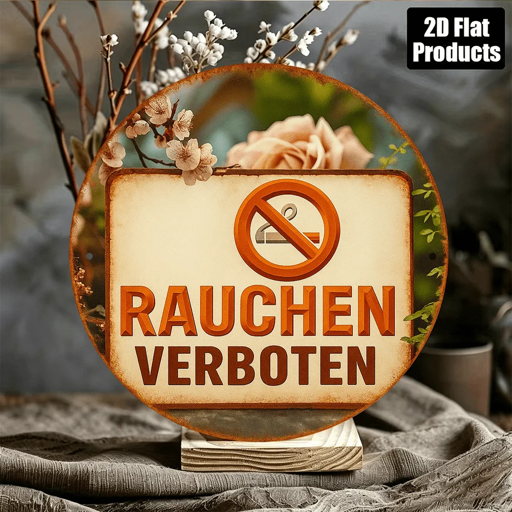 Rauchen Verboten No Smoking Round Metal Tin Sign 2D Flat Vintage Floral German Warning Plaque Bar Home Indoor Wall Decoration