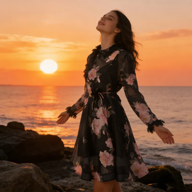   Nuovo modello di fiori di tè in lino Bla 3D piccolo fiore lungo Sve ort Dr Street Sle vita alta A-Lin...