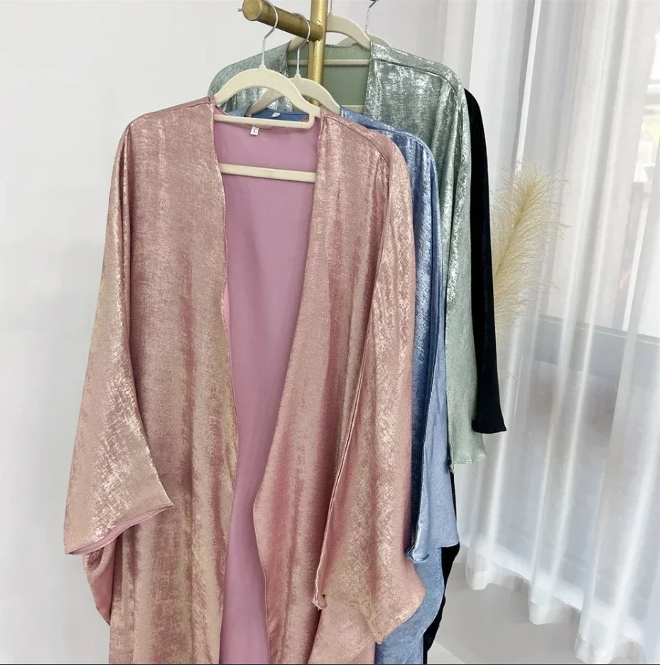 

Muslim set Women 2 Pcs Suit Shiny Batwing Satin Open Kimono Abaya +Hjiab Set Dubai Luxury Muslim Abayas +Scarf Suit Femme