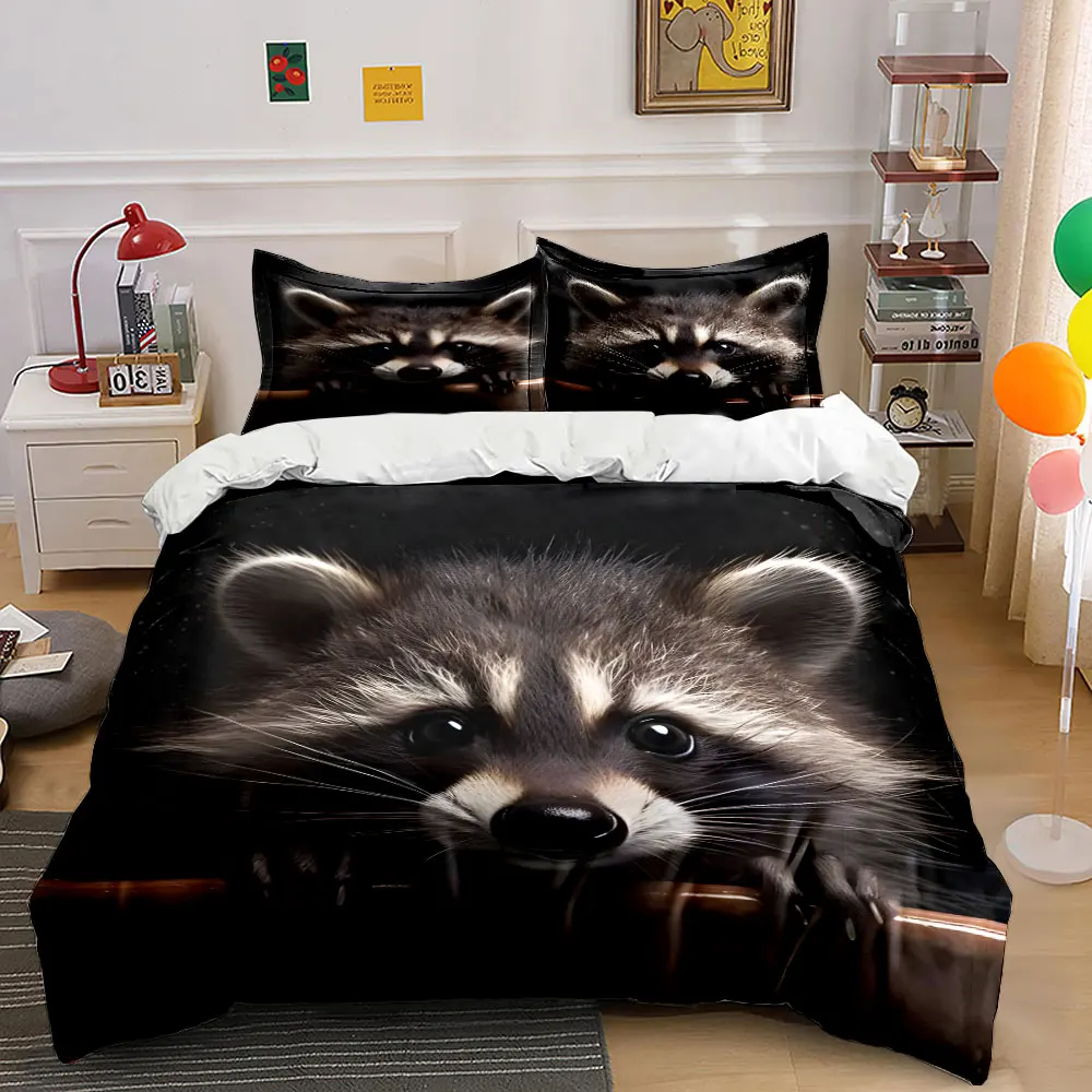 Cute Raccoon Dark Background Pattern Duvet Cover Set Digital Print Colorful Polyester Bedding with Zipper Closur for kids gifts