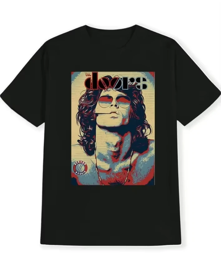 Men's Jim Morrison Graphic T-shirt - Retro Rock Band Print Short-sleeved T-shirt, Black Regular Suitable for Casual Summer Tops