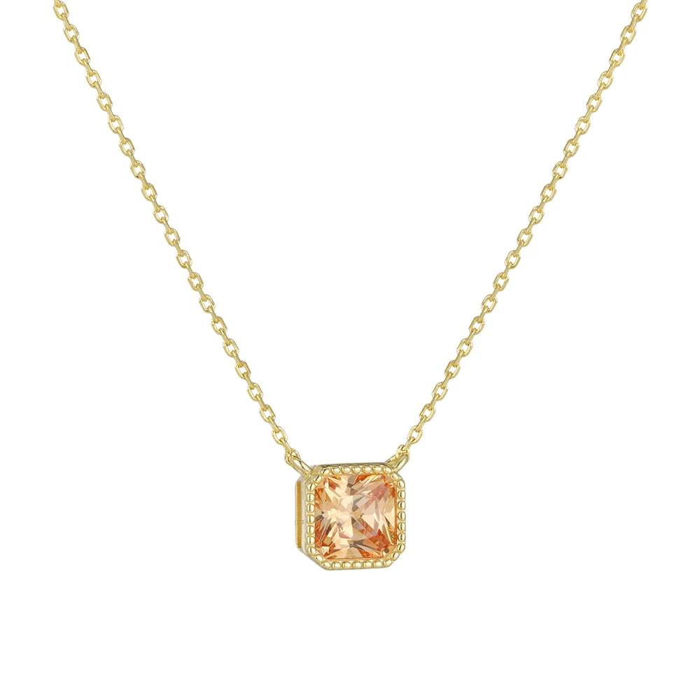 

Fashionable Simple 925 Sterling Silver Square Color Champagne Zircon Pendant Necklace for Women