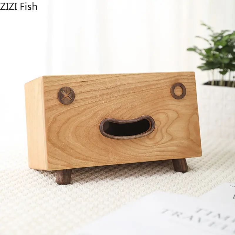 

Smiling Face Tissue Boxes Cherry Wood Paper Towel Case Coffee Table Desktop Removable Tissue Box Holder Modern Home Decor