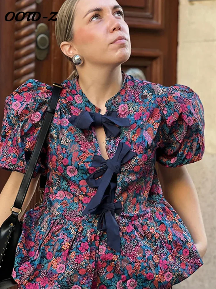 

Women's Shirt Print Bow Lace Up Loose Hollow Out O-neck Short Puff Sleeve Colorful Blouse Female 2024 Summer Street Fashion Tops