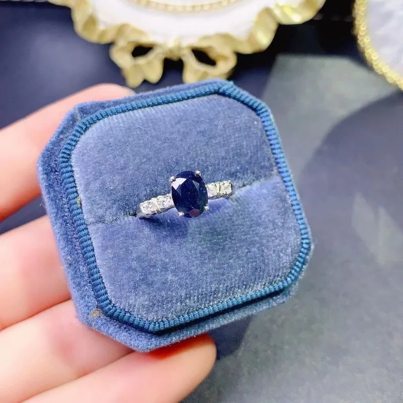 Bague en argent S925 avec pierres précieuses naturelles pour filles et femmes, bague saphir bleu Darrk, cercle large, bijoux rétro luxueux, cadeau de fête, nucléeNatural