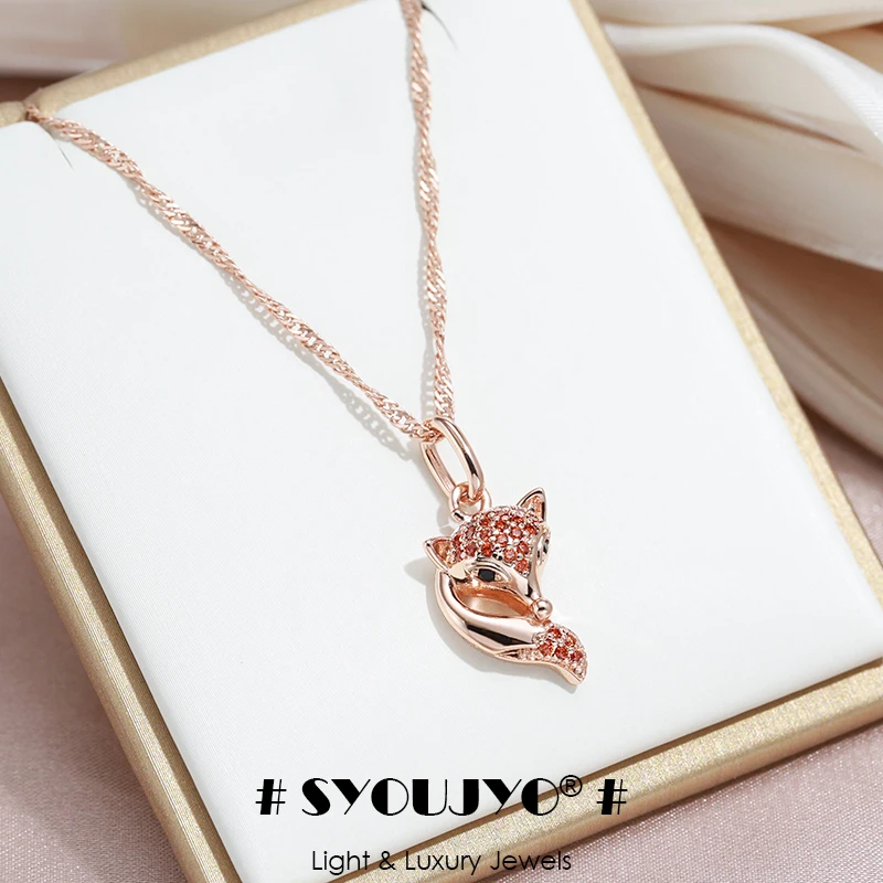 SYOUJYO Red Natural Zircon Fox Pendant Necklace For Women 585 Rose Gold Color Animal-shaped Fine Jewelry