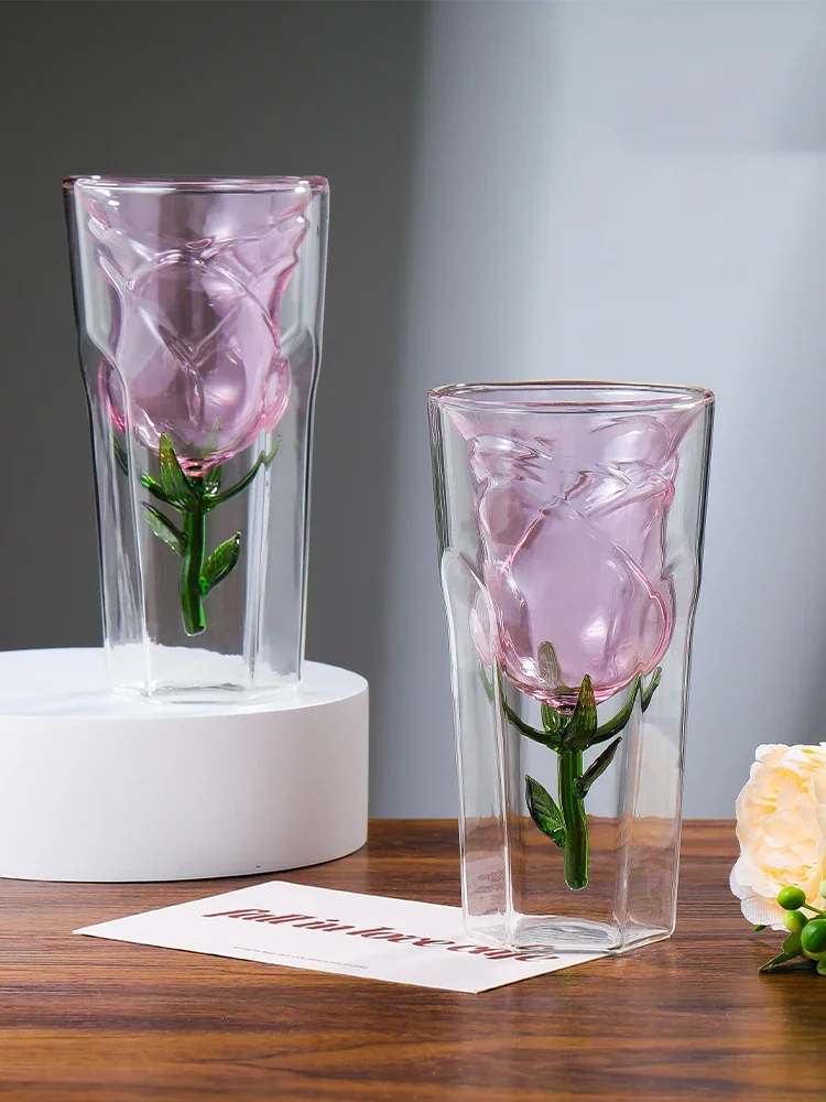 Creative Double Glass Cup High Temperature Resistant Rose Flower Inner Tank Coffee Milk Juice Mug Girls Drinking Cup