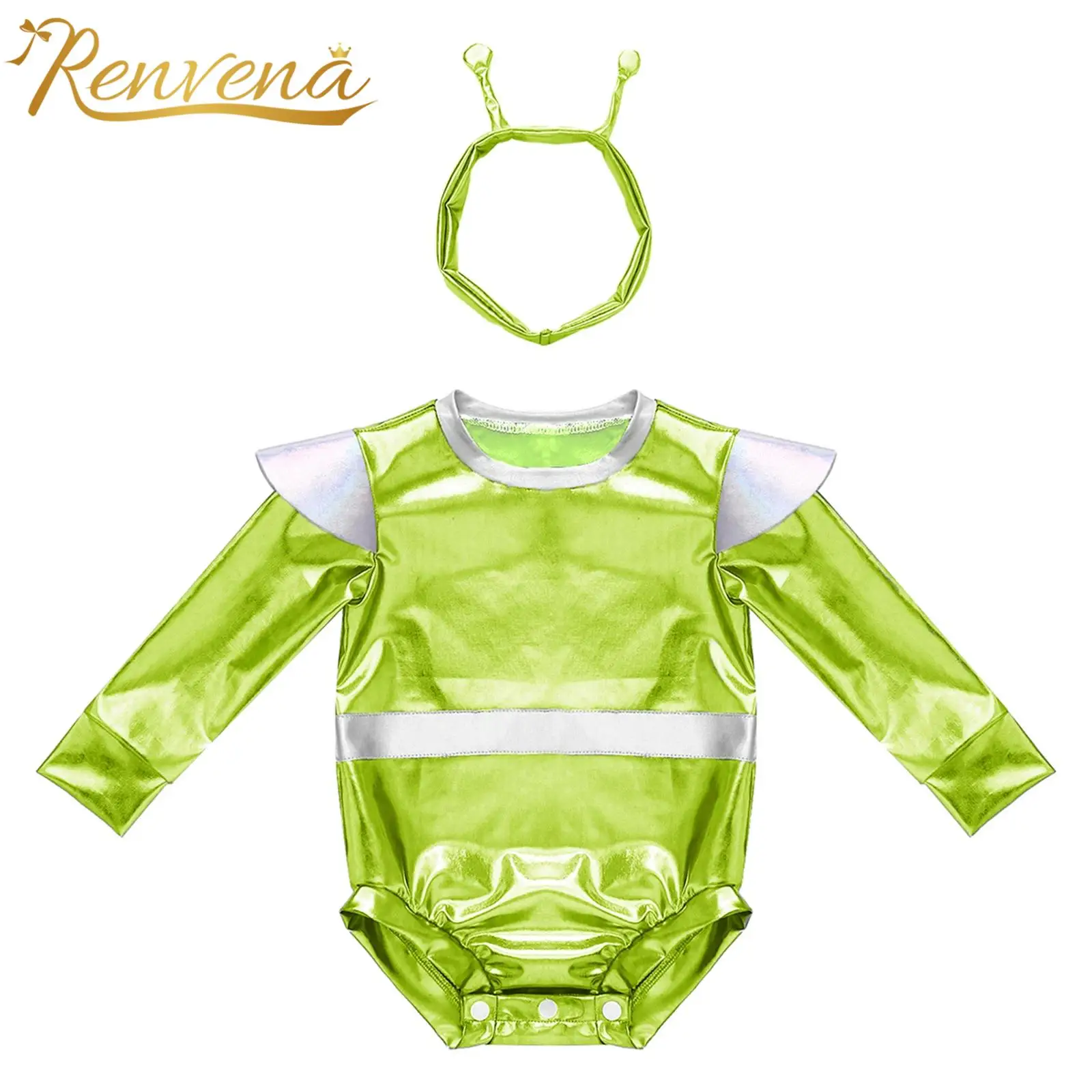 Disfraz de Halloween para Bebé, Traje de Extraterrestre para Niña Pequeña, Mono Metálico Brillante con Temática Espacial para Fotografía
