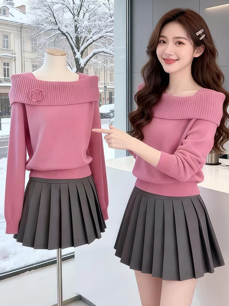

Chic Pink Long Sleeve Knitted Sweater Women's Fashionable Collared Top Warm Comfortable Korean Style Loose Fit Daily Wear