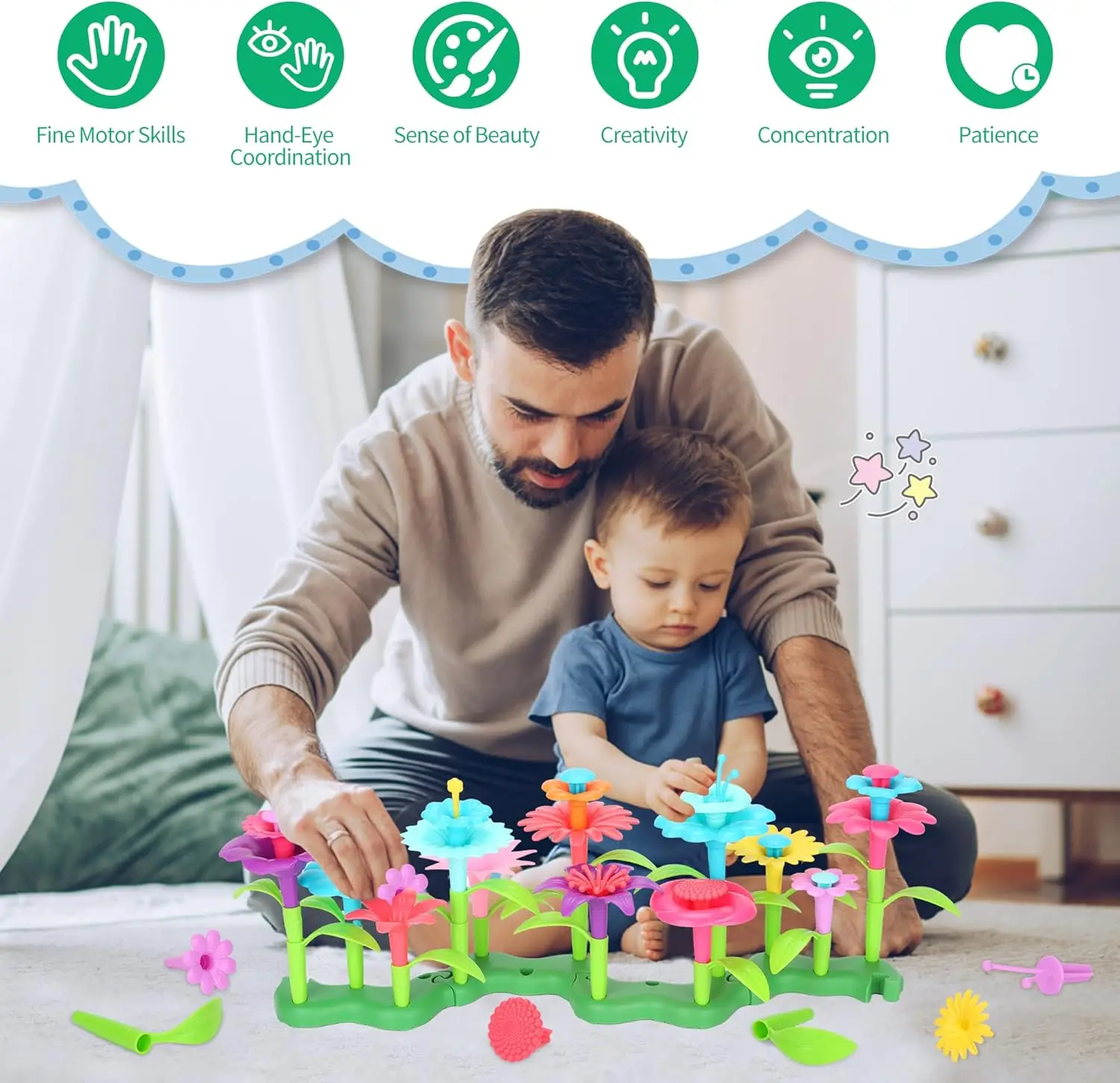 46 PCS Flower Garden Building Toys for Girls, STEM Toy Gardening Pretend Play Set for Kids, Girls Favor Stacking Game for Toddle