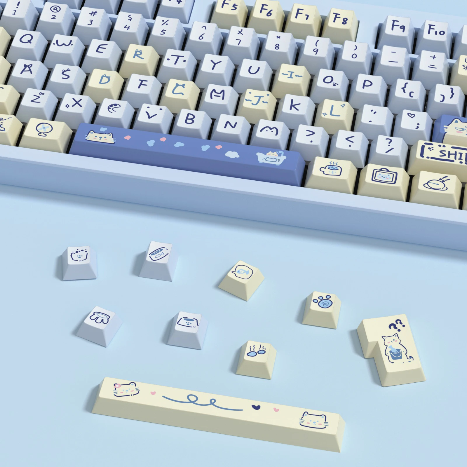 Kbdiy 141 tasten kirsch profil schlüssel kappe niedliches tier blau meow thema tasten kappen für mechanische spiel tastatur mx schalter pbt tasten kappen – Detail 5